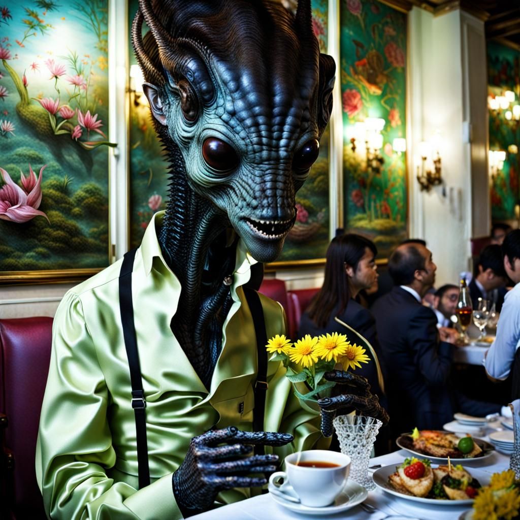 Surreal Restaurant Scene with Beautiful Aliens, Photography