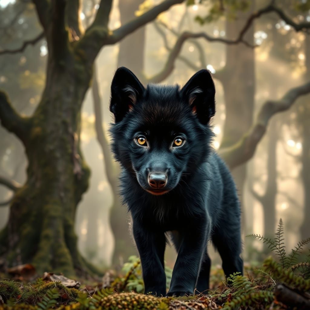 Hyperrealistic Black Wolf Cub in Mysterious Forest