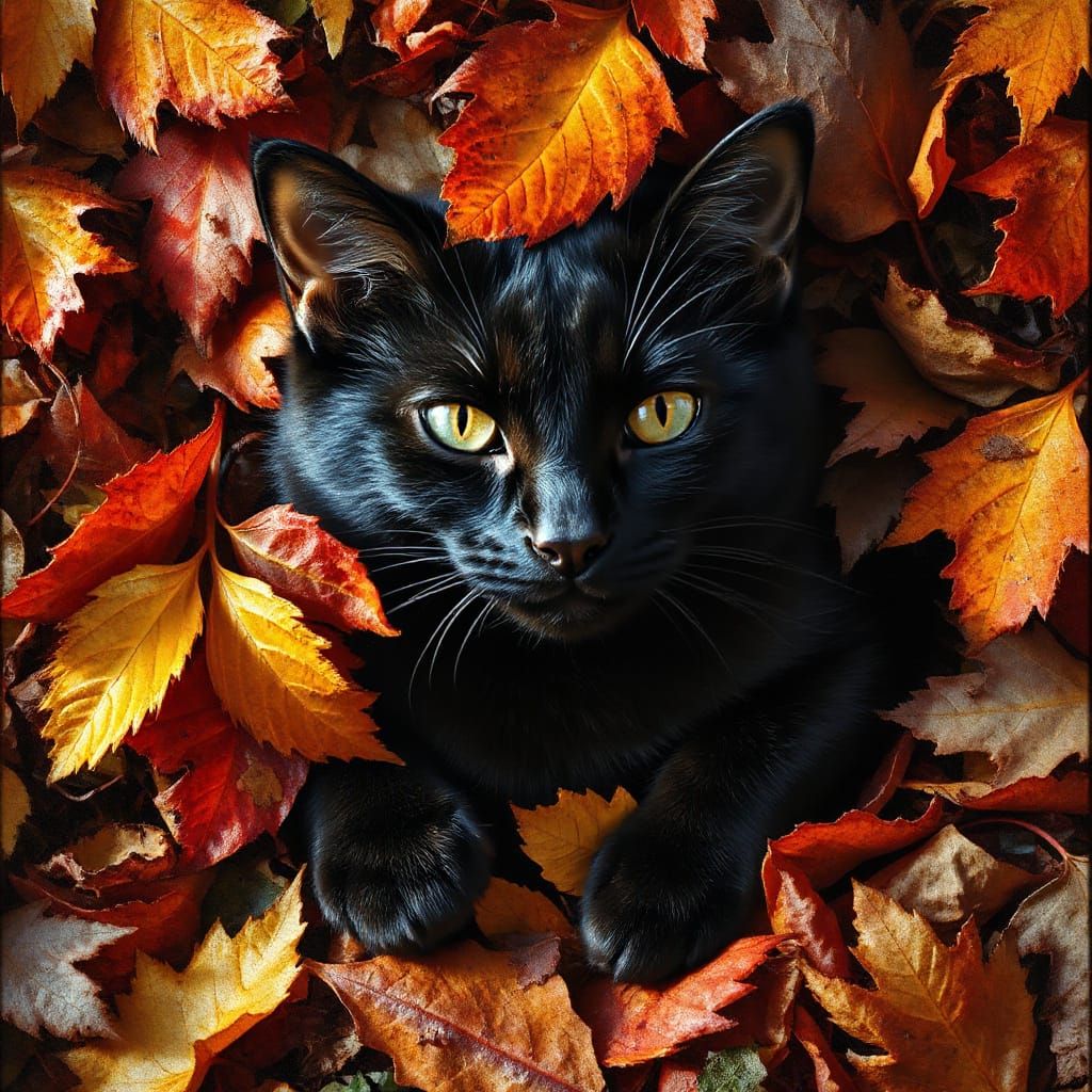 Black Cat Hiding in Autumn Leaves