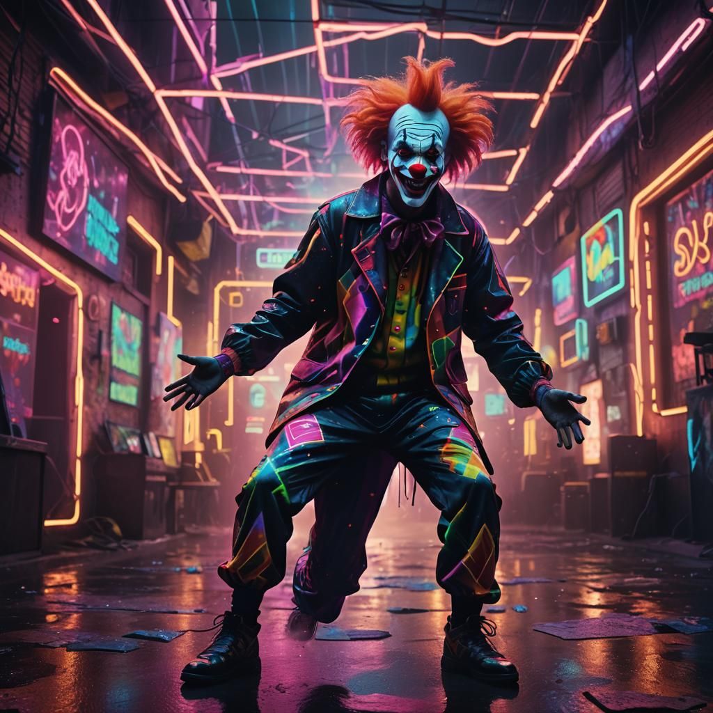 Neon Clown in Cyberpunk Cityscape Concept Art