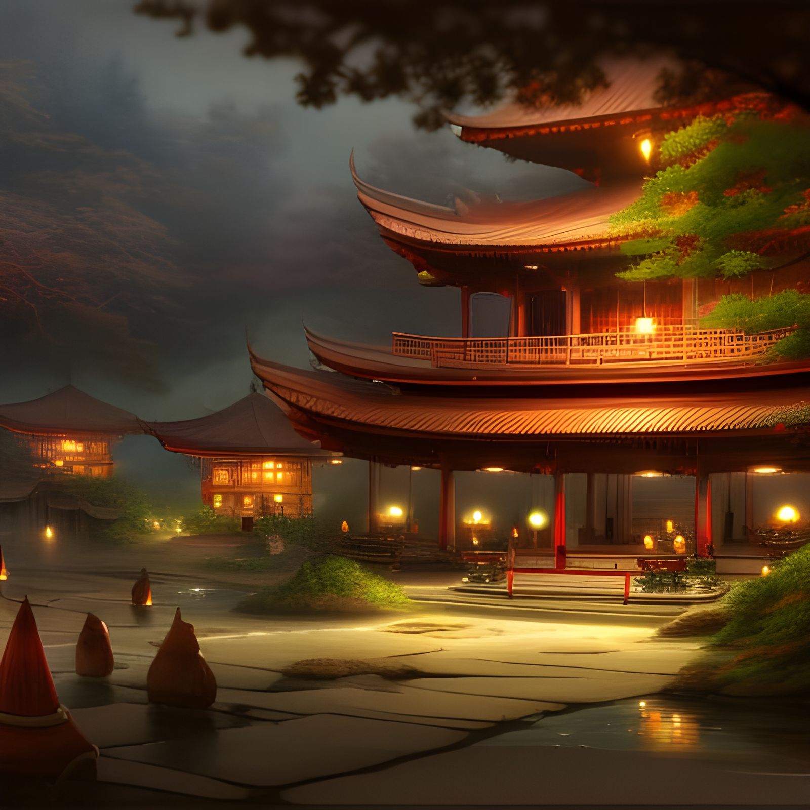 Elaborate Japanese Samurai Cafe at Night