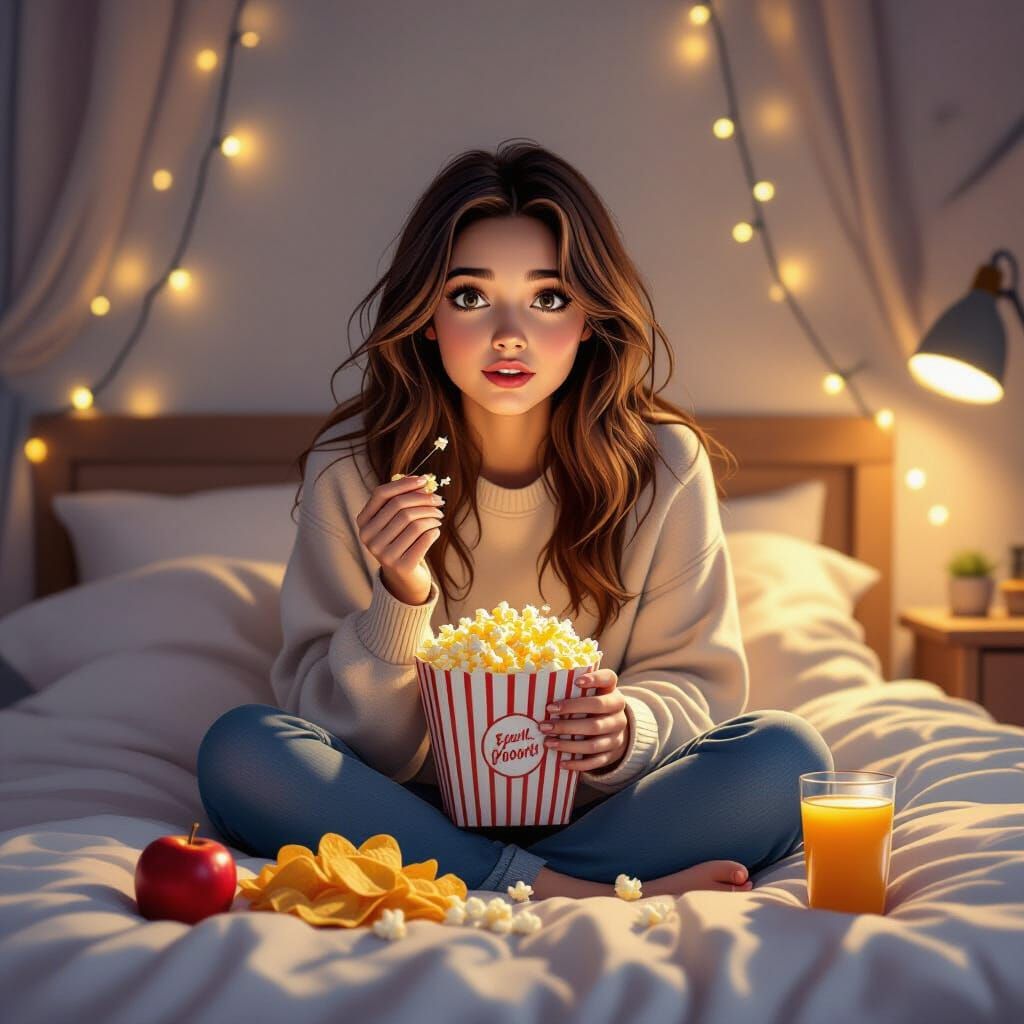 Teenage Girl Watches Scary Movie Amidst Fairy Lights