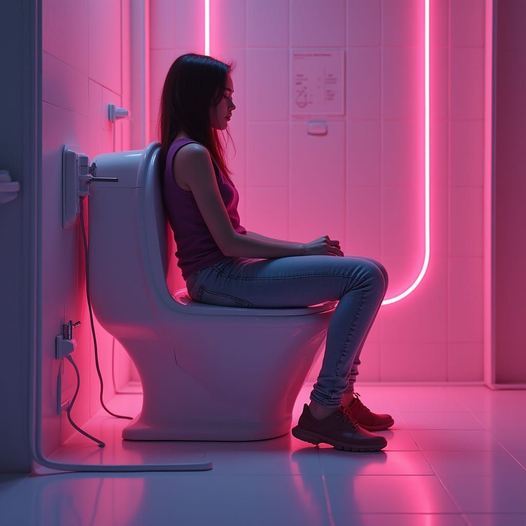 Futuristic Omega Toilet in Neon Cyberpunk Bathroom