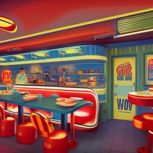 Vibrant 50s Diner Scene in Detailed Matte Painting