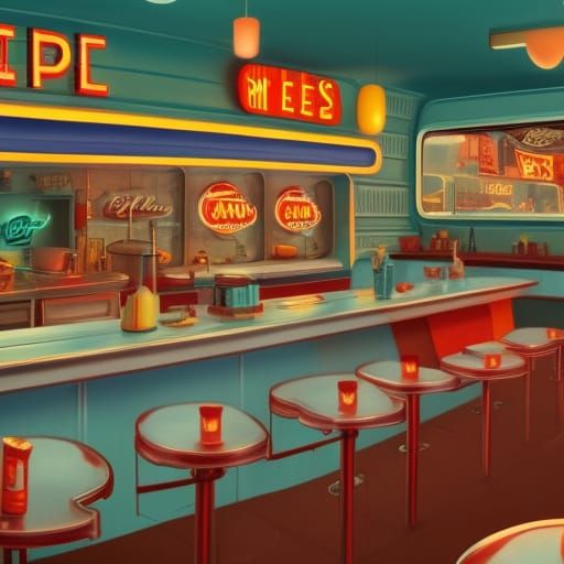 Vibrant 50s Diner Scene in Detailed Digital Painting