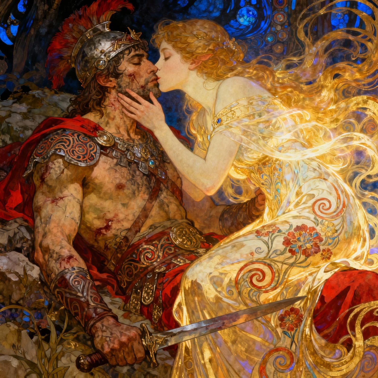 Ethereal Beauty Kisses Wounded Barbarian in Art Nouveau Styl...
