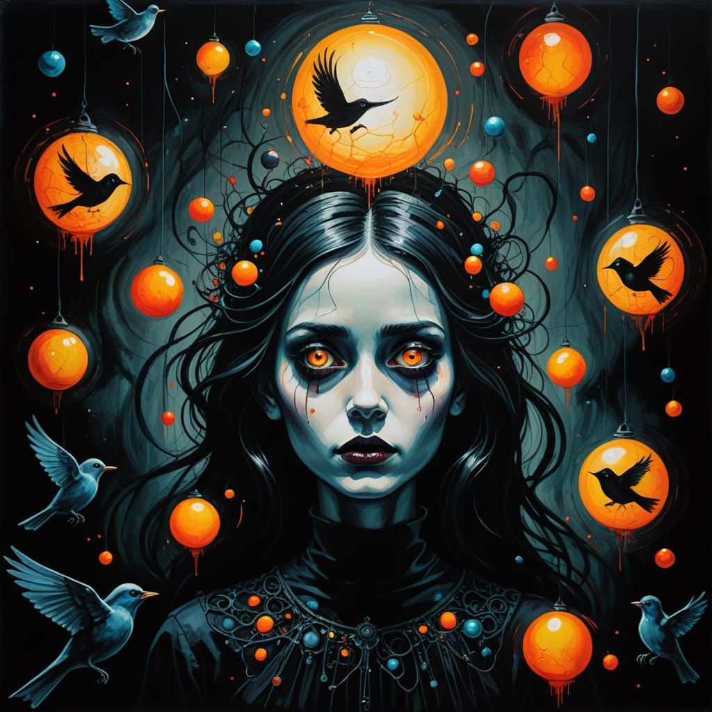 Surreal Child's Drawing in Vibrant Colors and Dark Whimsy