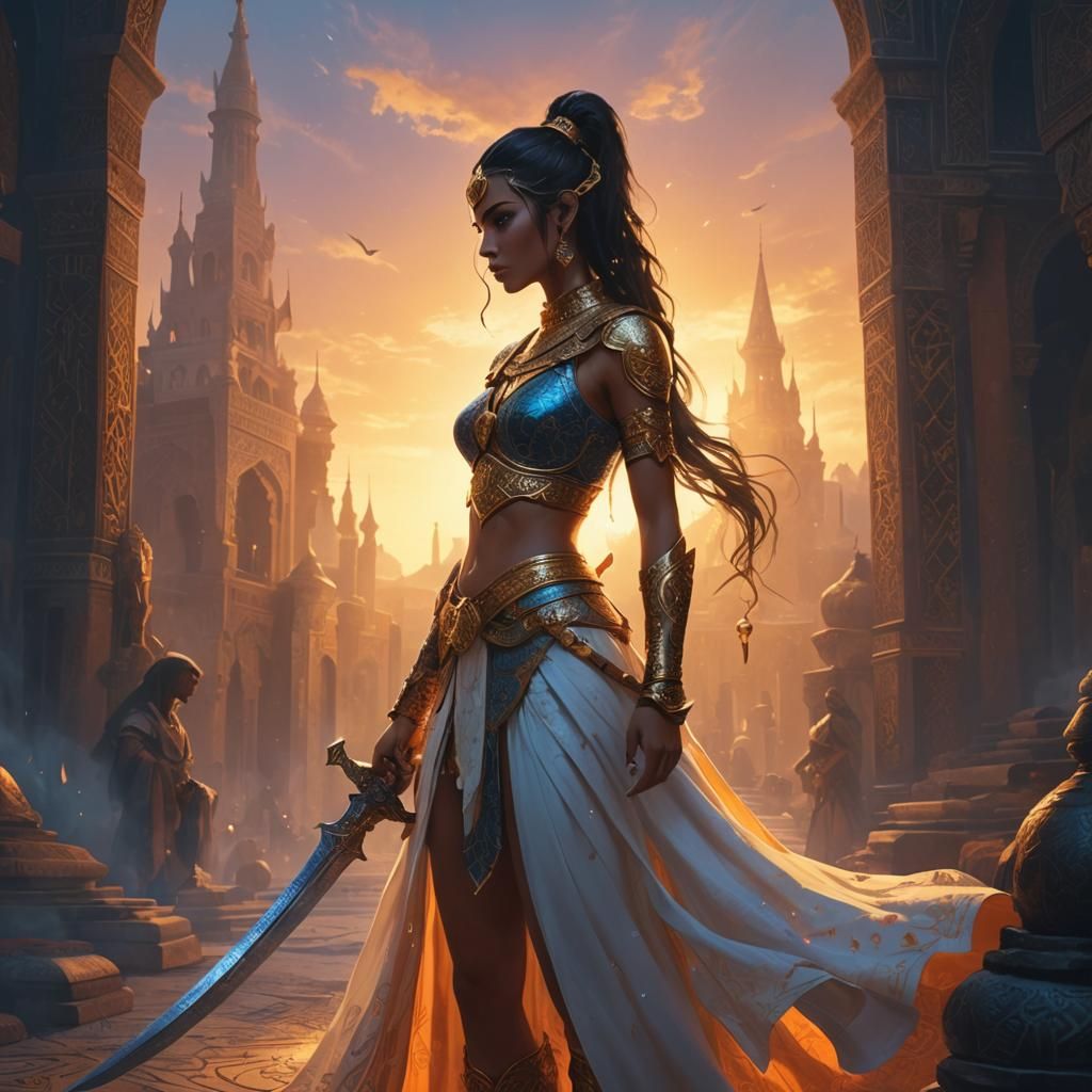 Arabian Sword-Dancer Sorceress in Mystical Temple