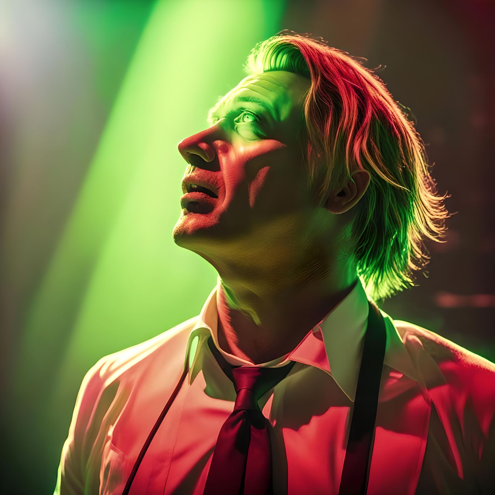 Man in White Shirt Bathed in Green Light