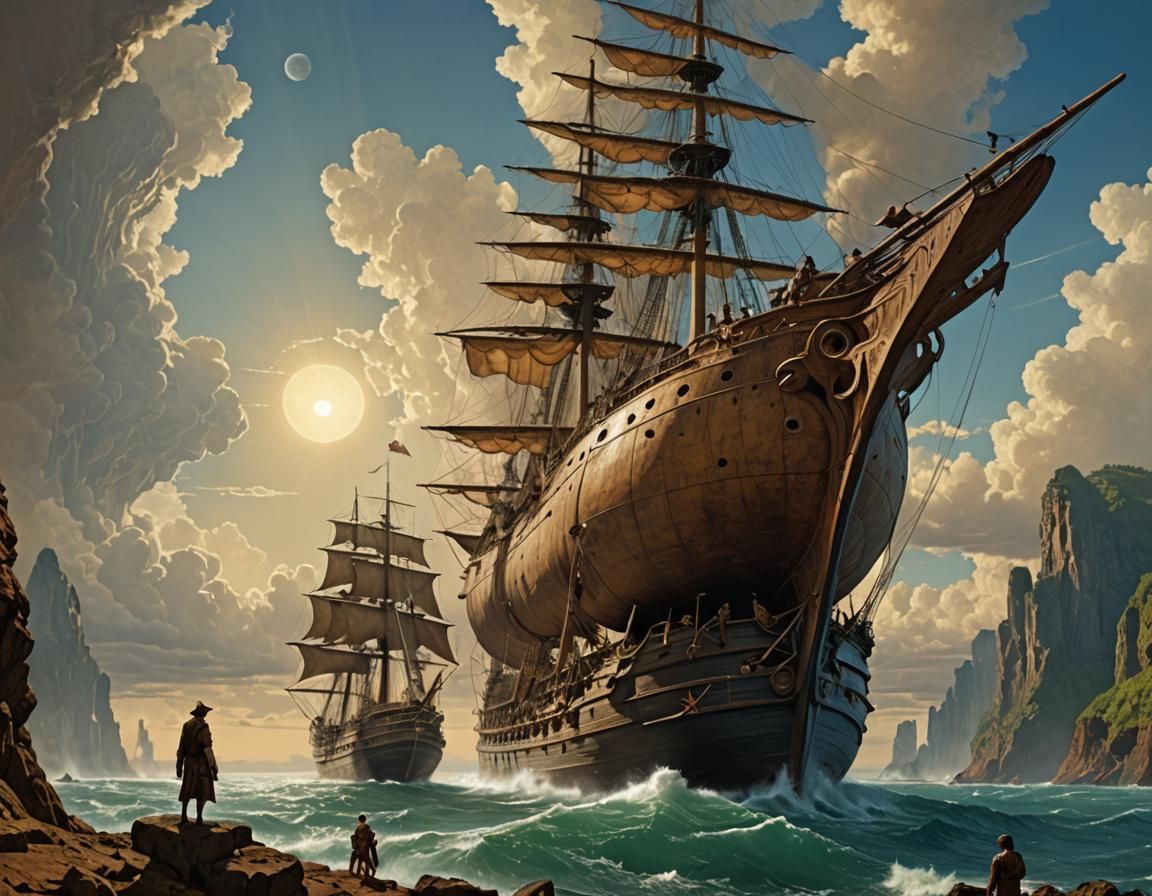 Colossal Guardians Protecting Sailing Ship: Surreal Photogra...