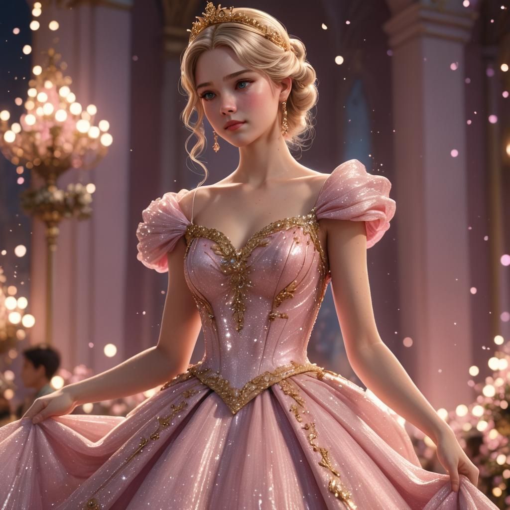 Cinderella in Pink Gown at Ball, 3D Anime Art