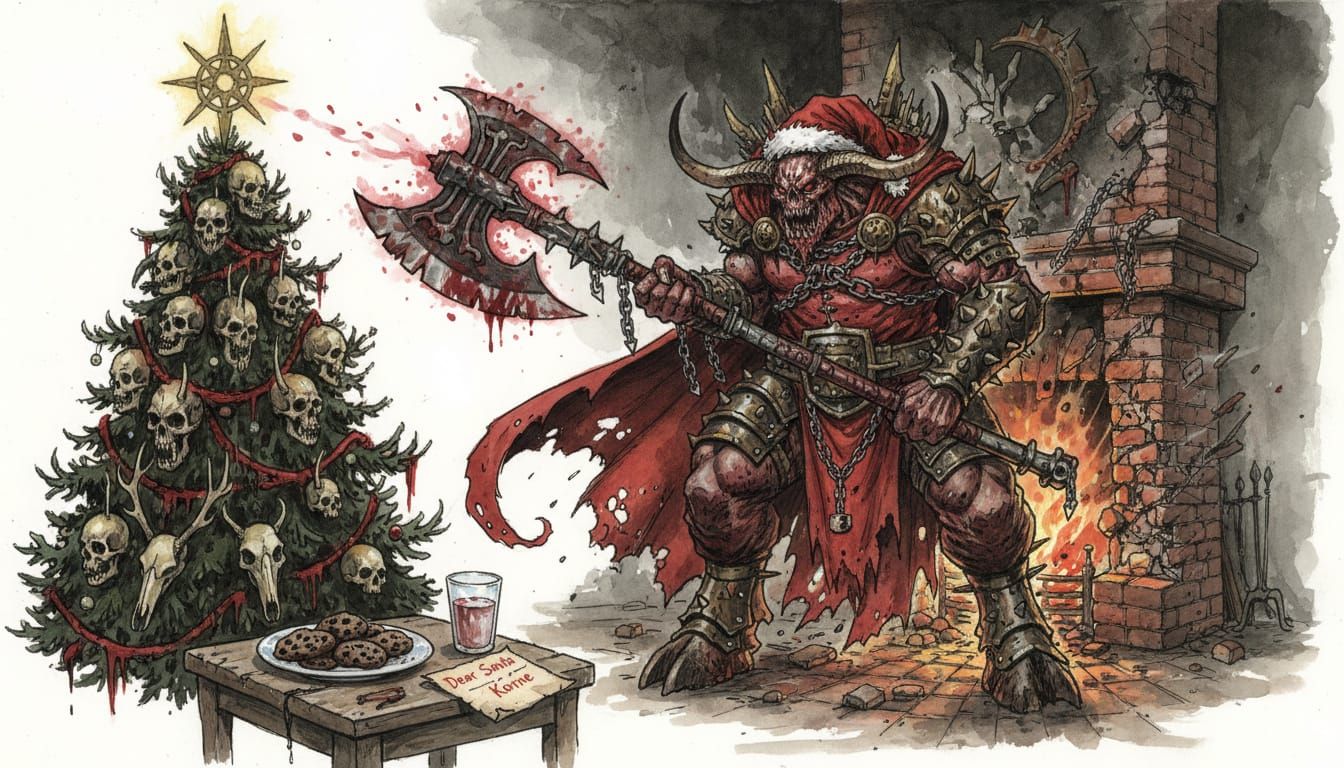 Khornate Santa Daemon Unleashed in Chaotic Christmas Scene
