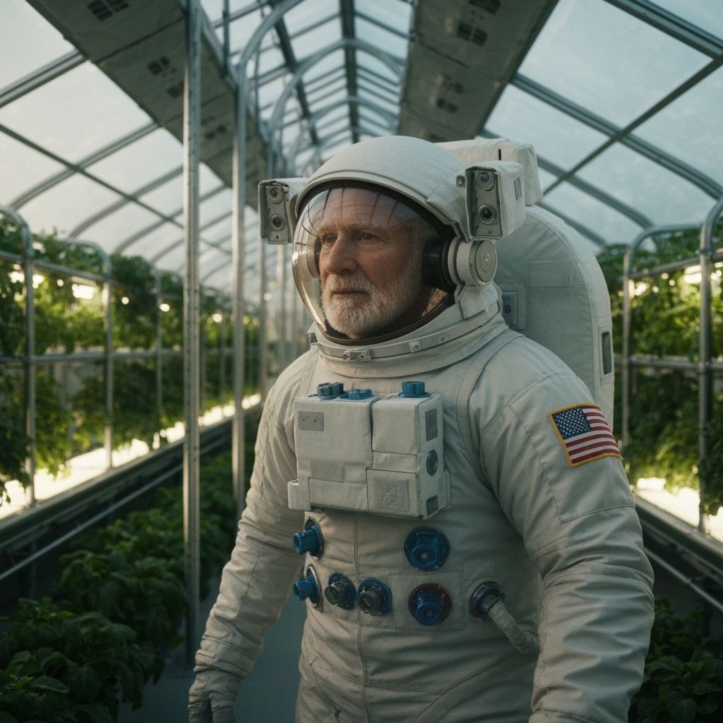 Astronaut in Lunar Greenhouse with Bioluminescent Plants