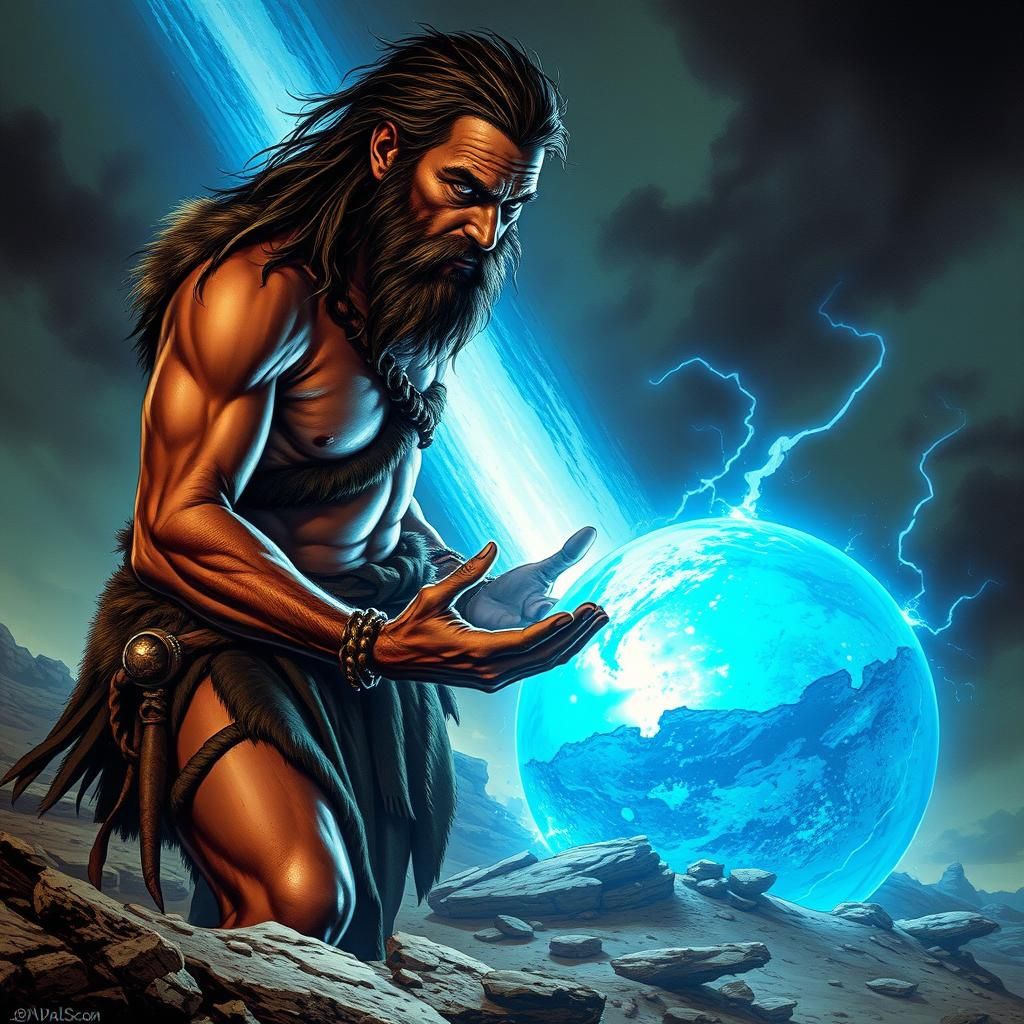 Vandal Savage, a primordial figure with a shaggy beard and fur-lined loincloth, approaches the radiant blue meteor with ...