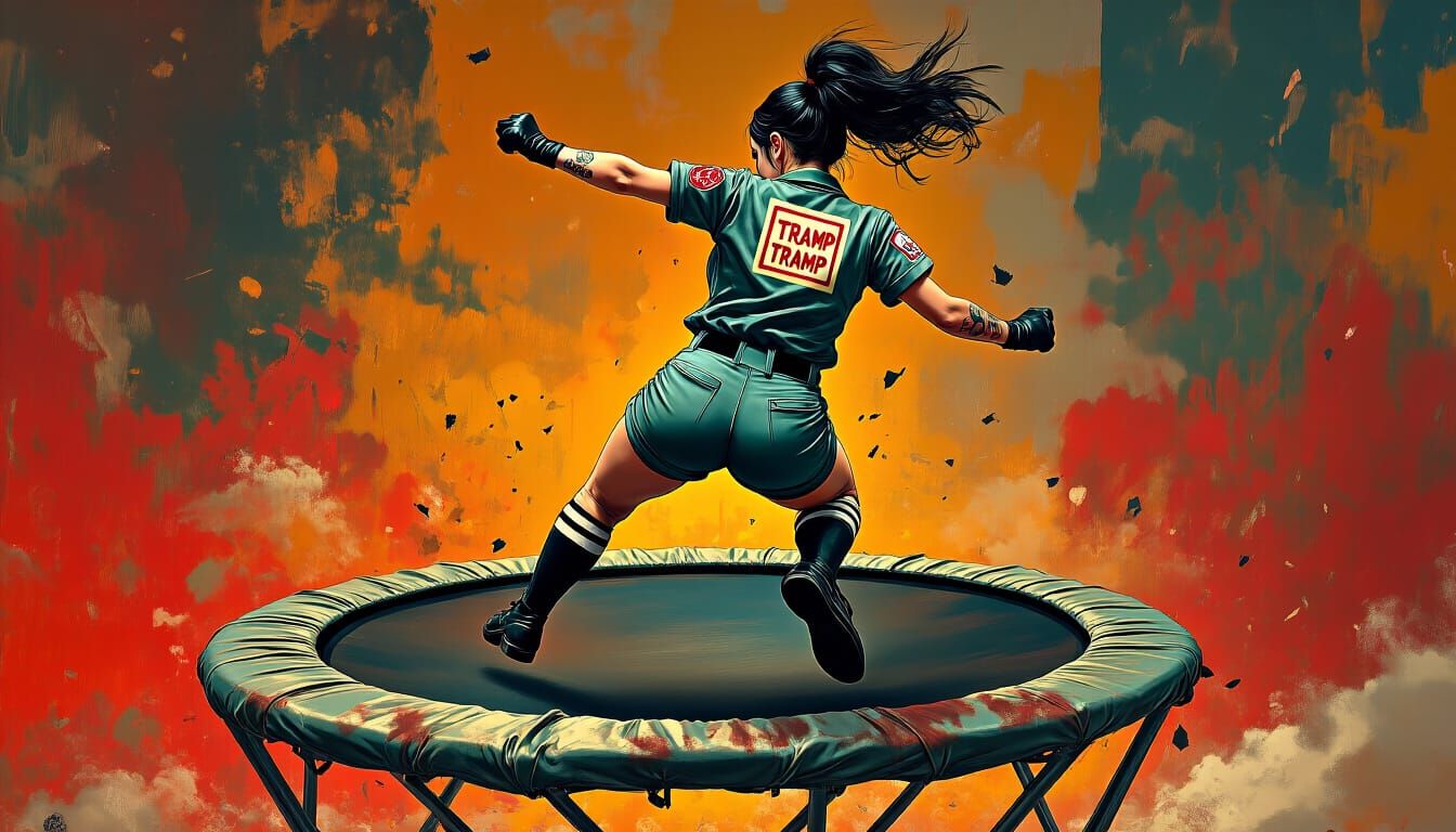Cute Umpire Bouncing on Trampoline in Surreal Art