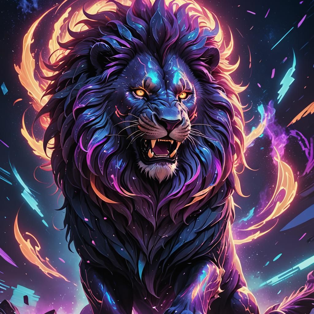 Futuristic Cosmic Lion Roaring in Neon Galaxy