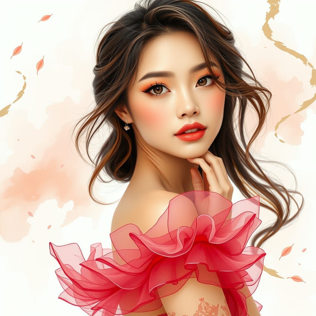 Elegant Asian Beauty in Soft, Ombre Organza Dress