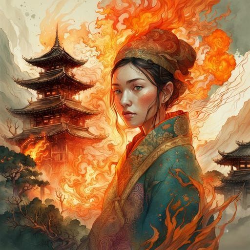 Fire Mage and Mountain Temple Double Exposure Portrait