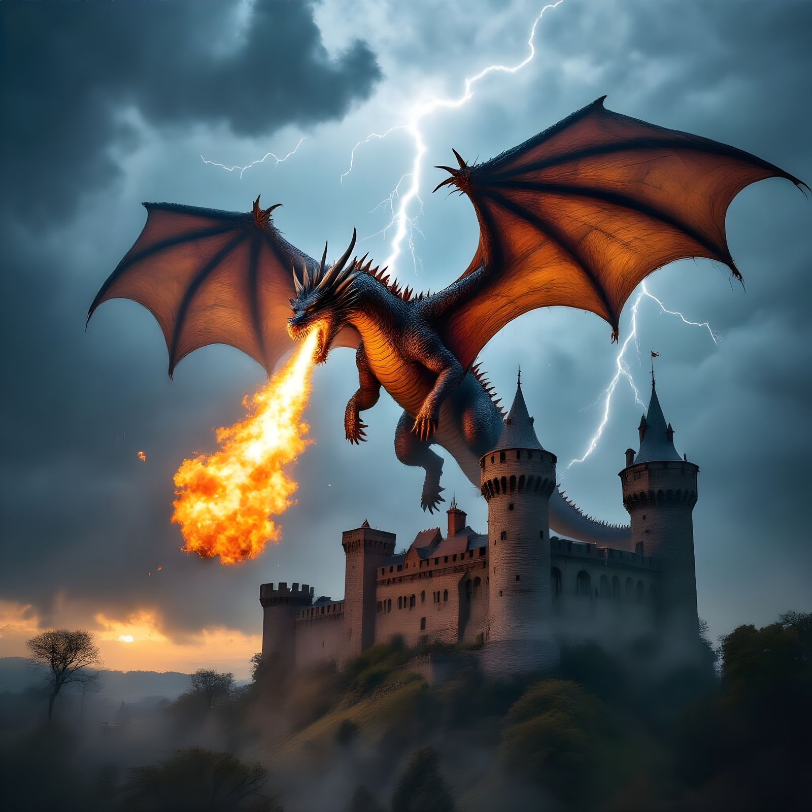 Fire Dragon Soaring Over Stormy Castle