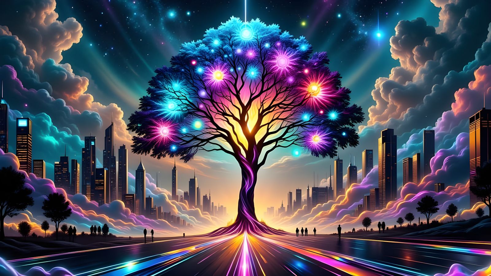 Tree of Life Over Cyberpunk Cityscape