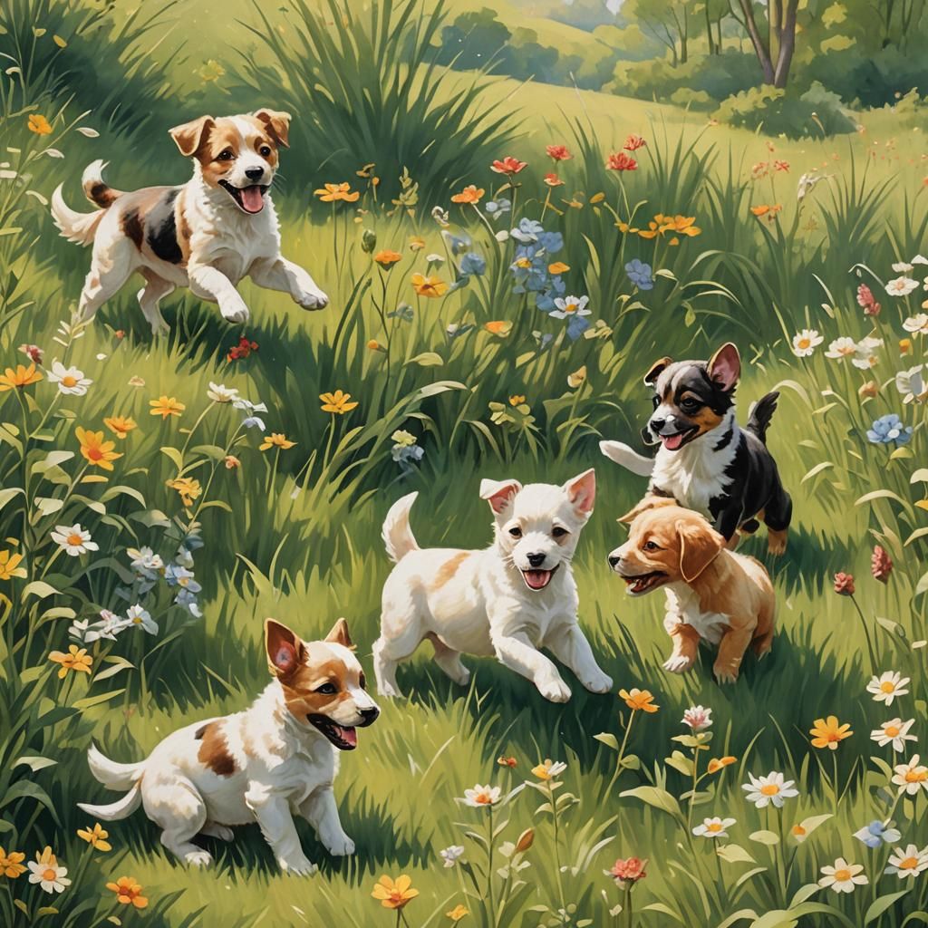 Puppies Playing in Meadow, Whimsical Digital Art