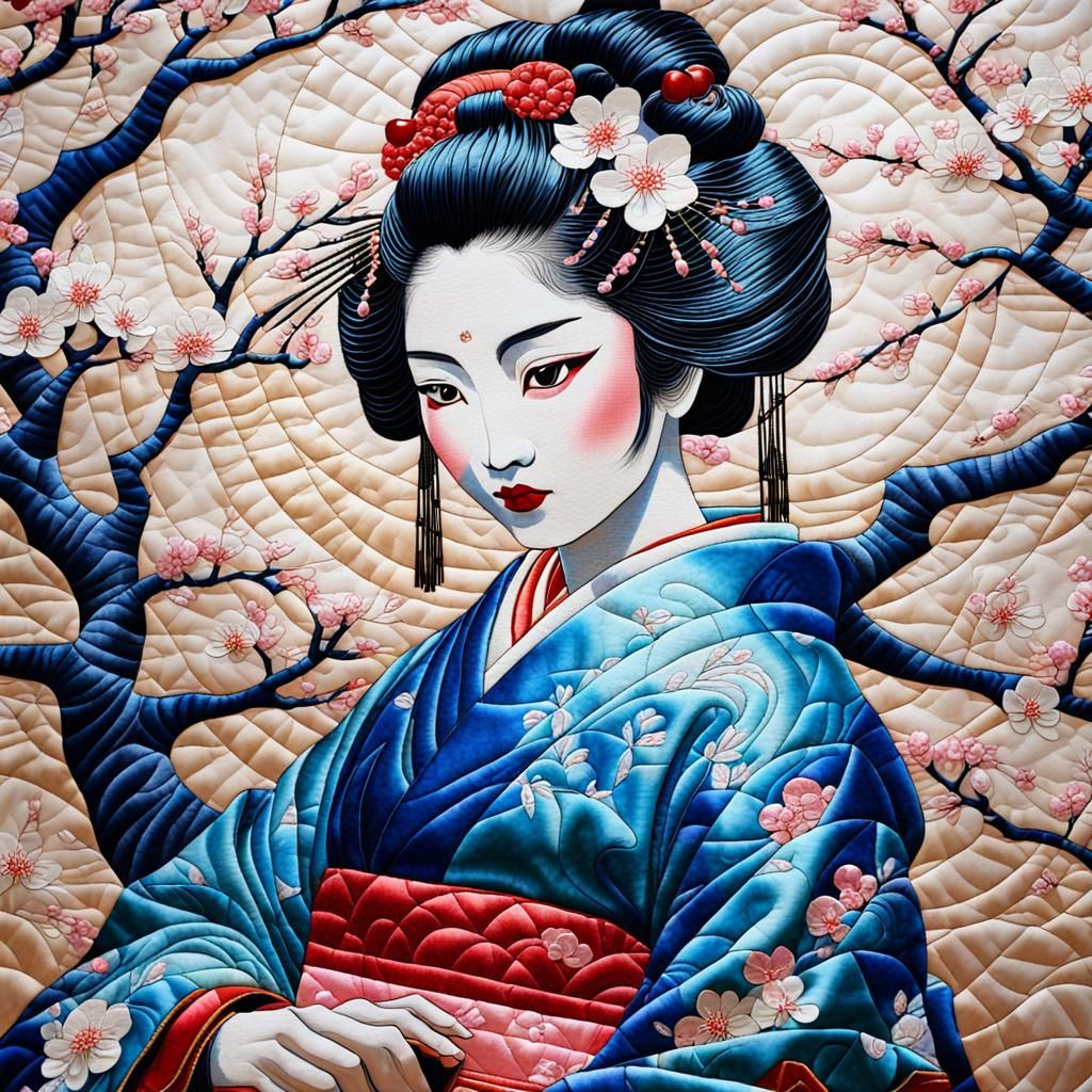 Geisha and Cherry Blossom Quilt Tapestry