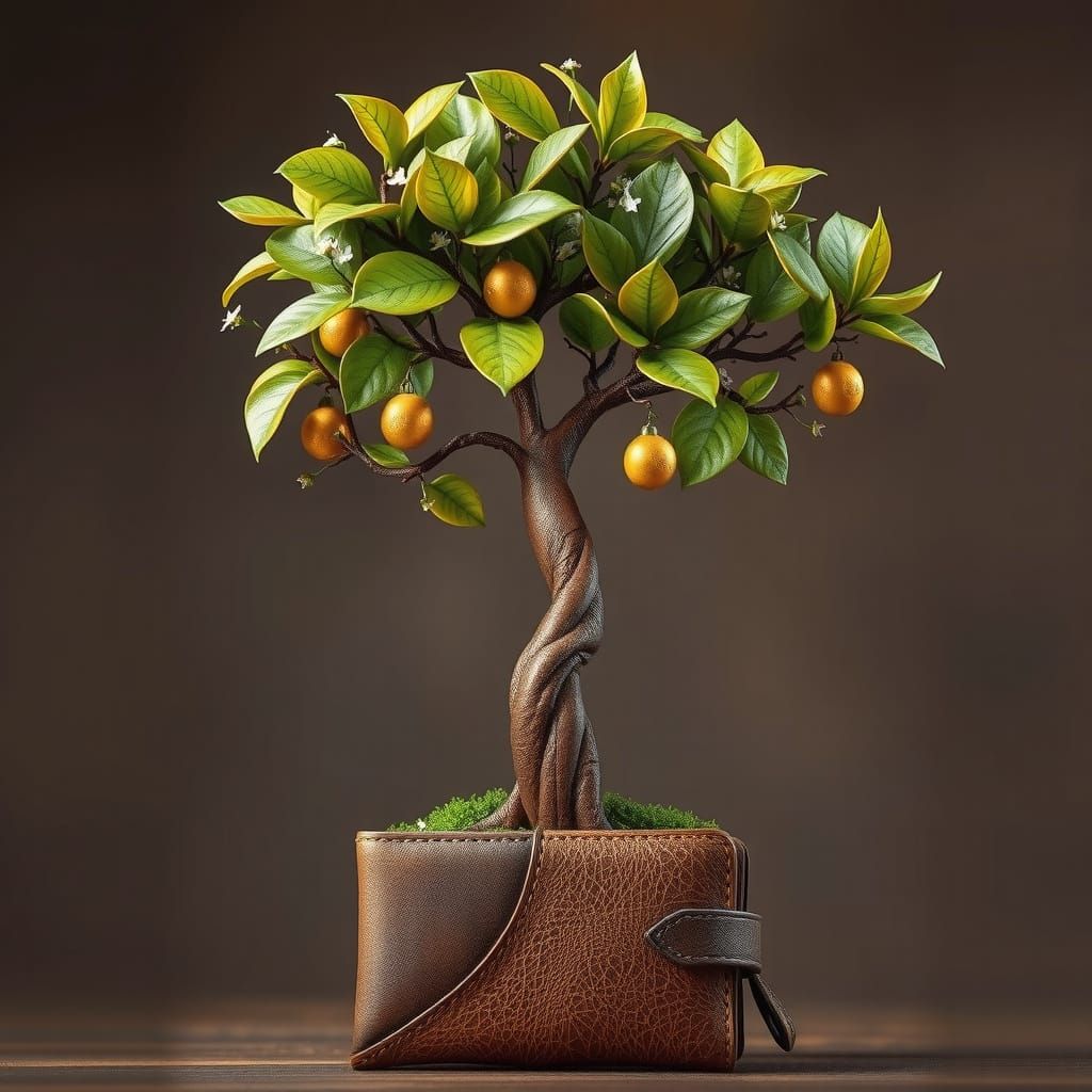 Whimsical Tree Growing from Wallet with Gold Coins