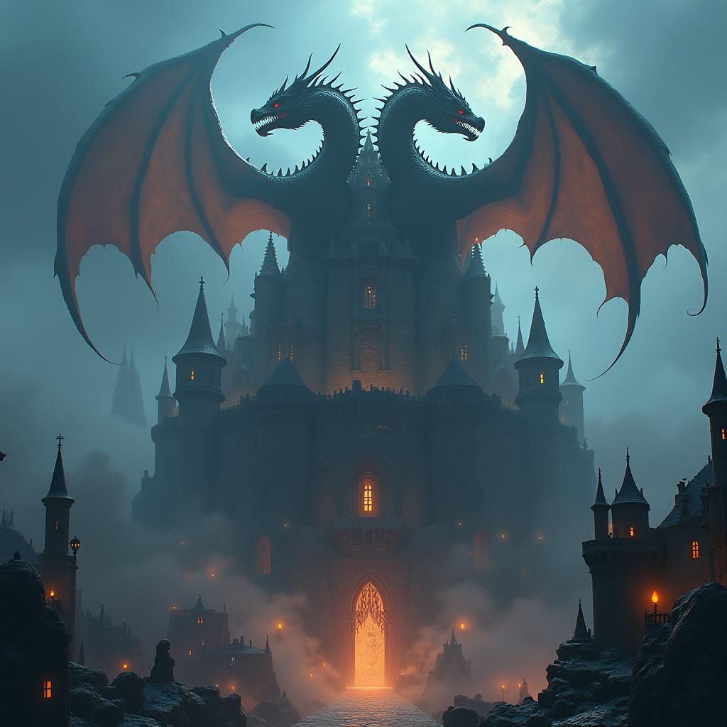 Majestic Three-Headed Dragon Over Mystical Cityscape