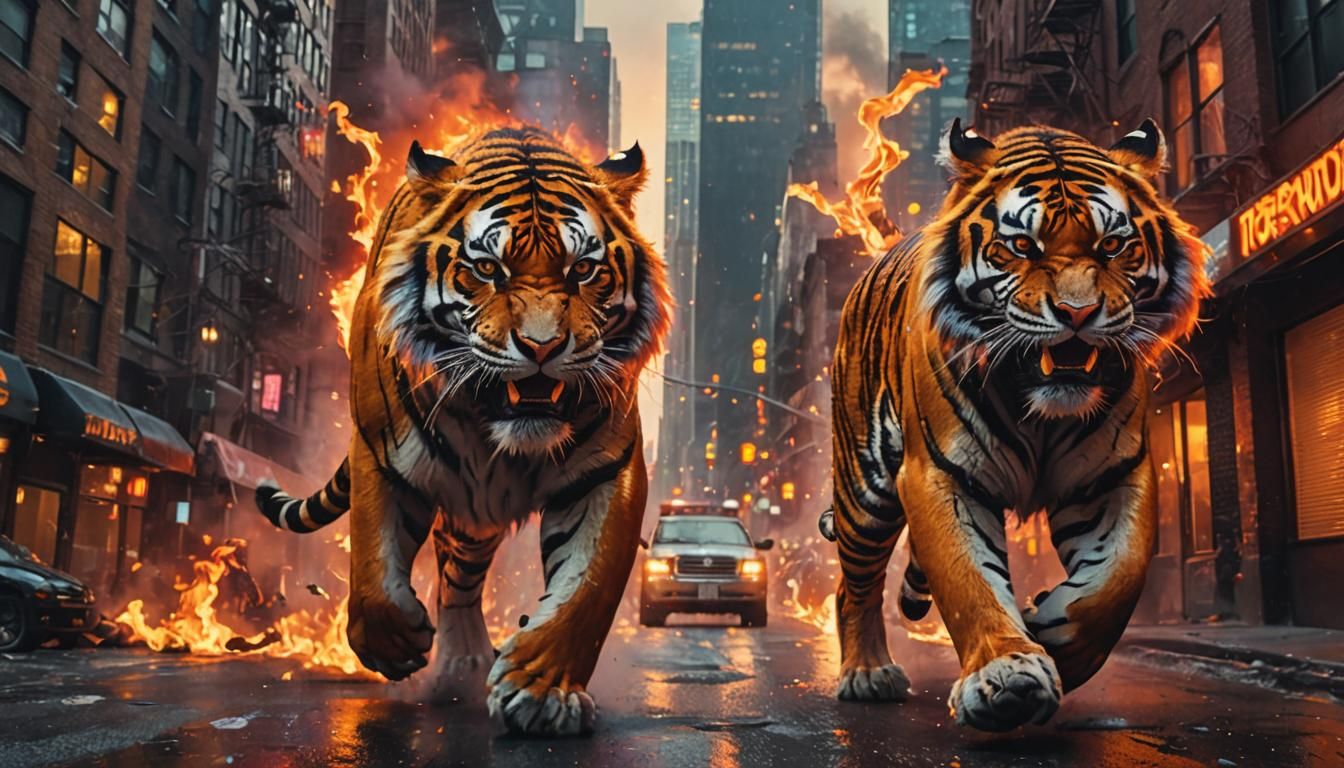 Fiery Tiger Walks Manhattan: Cinematic Oil Painting