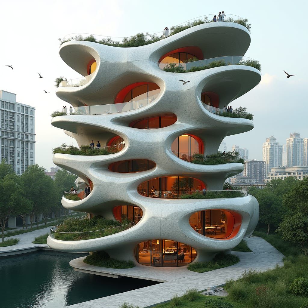 Futuristic Flower Building with Snake Skin Texture