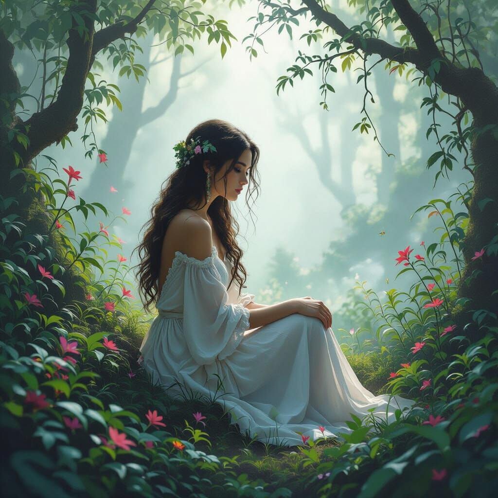 Ethereal Woman in Misty Forest, Dreamy Art
