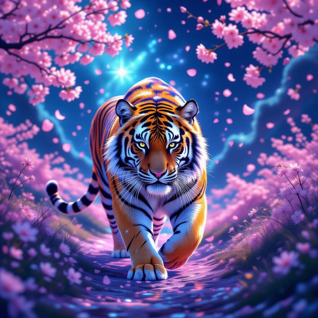 Bioluminescent Tiger in Cosmic Cherry Blossom Nebula
