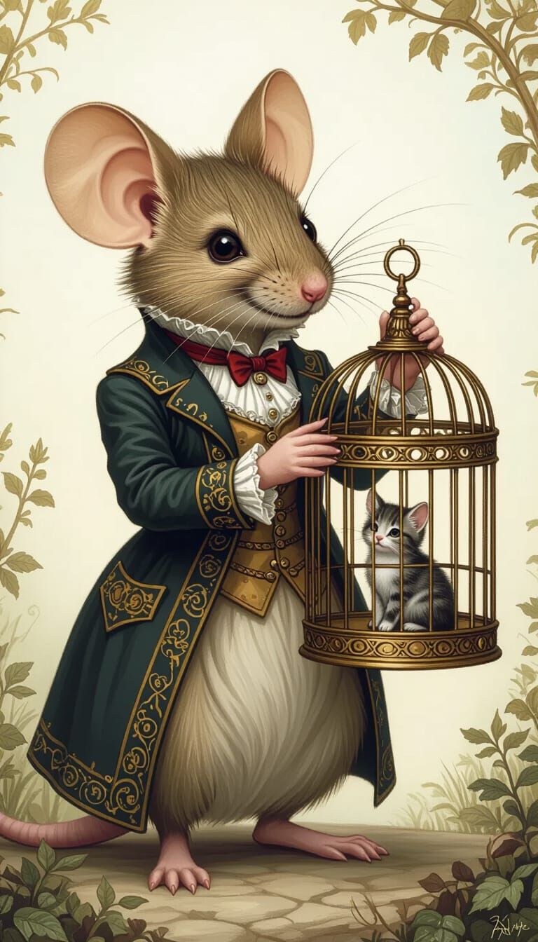 Giant Mouse Cages Tiny Cat in Whimsical Fantasy Scene