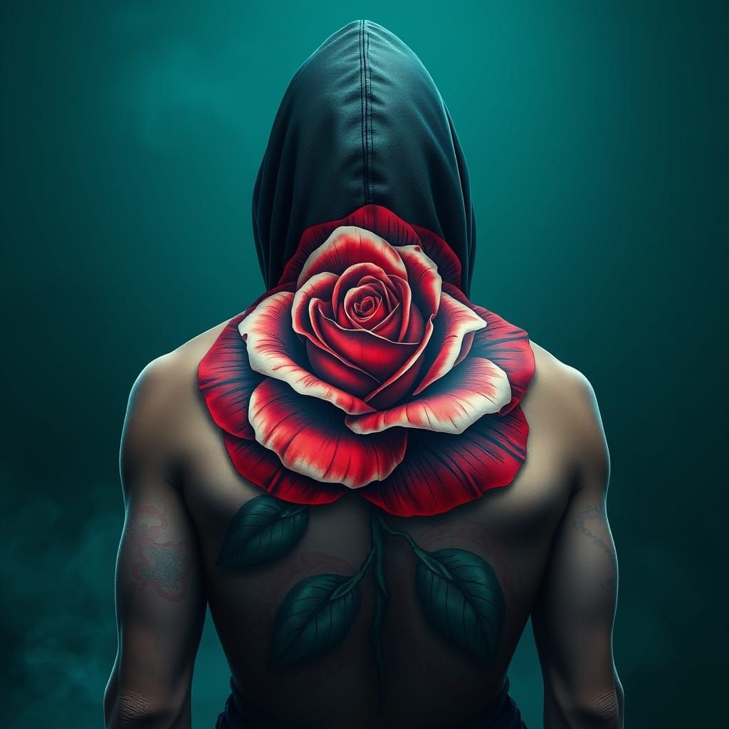 Mysterious Figure Adorned with a Vibrant, Oversized Rose Tat...