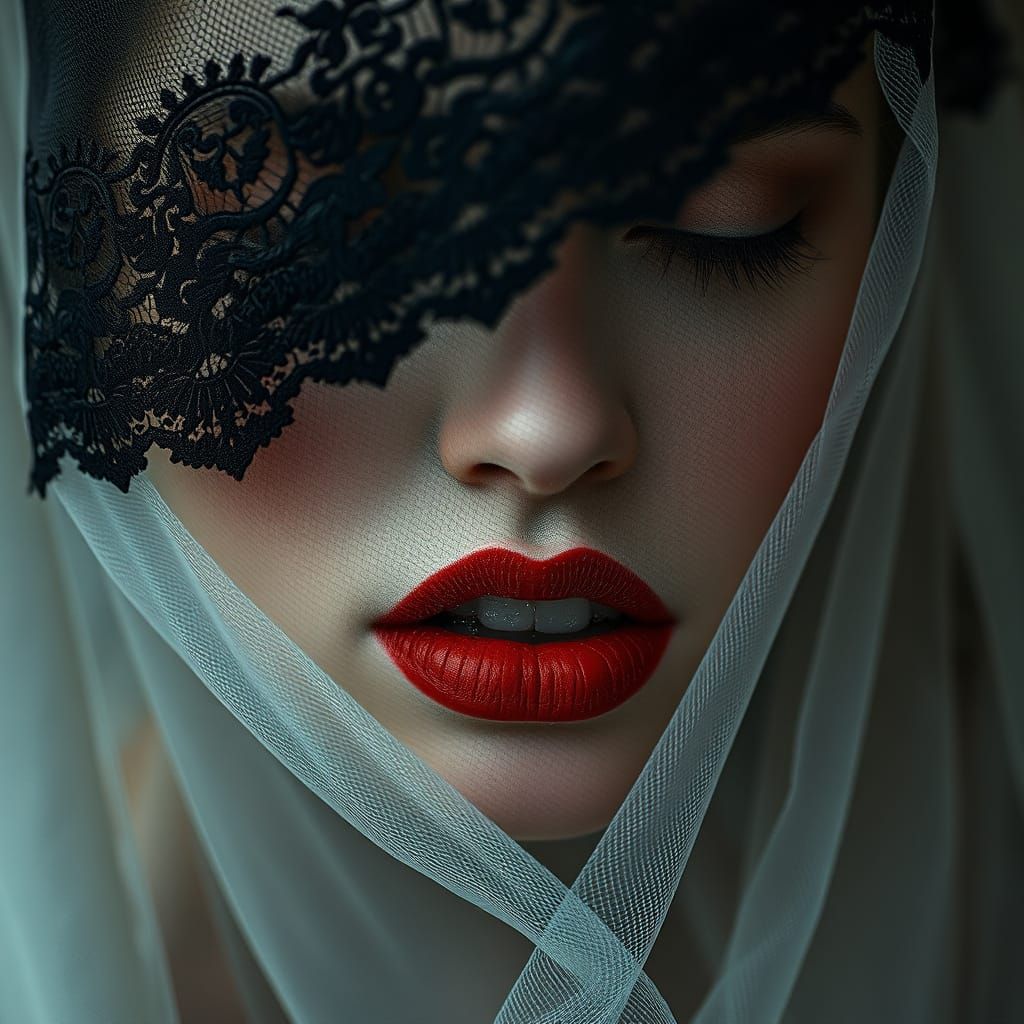 Veiled Woman with Red Lips: Art Nouveau Style