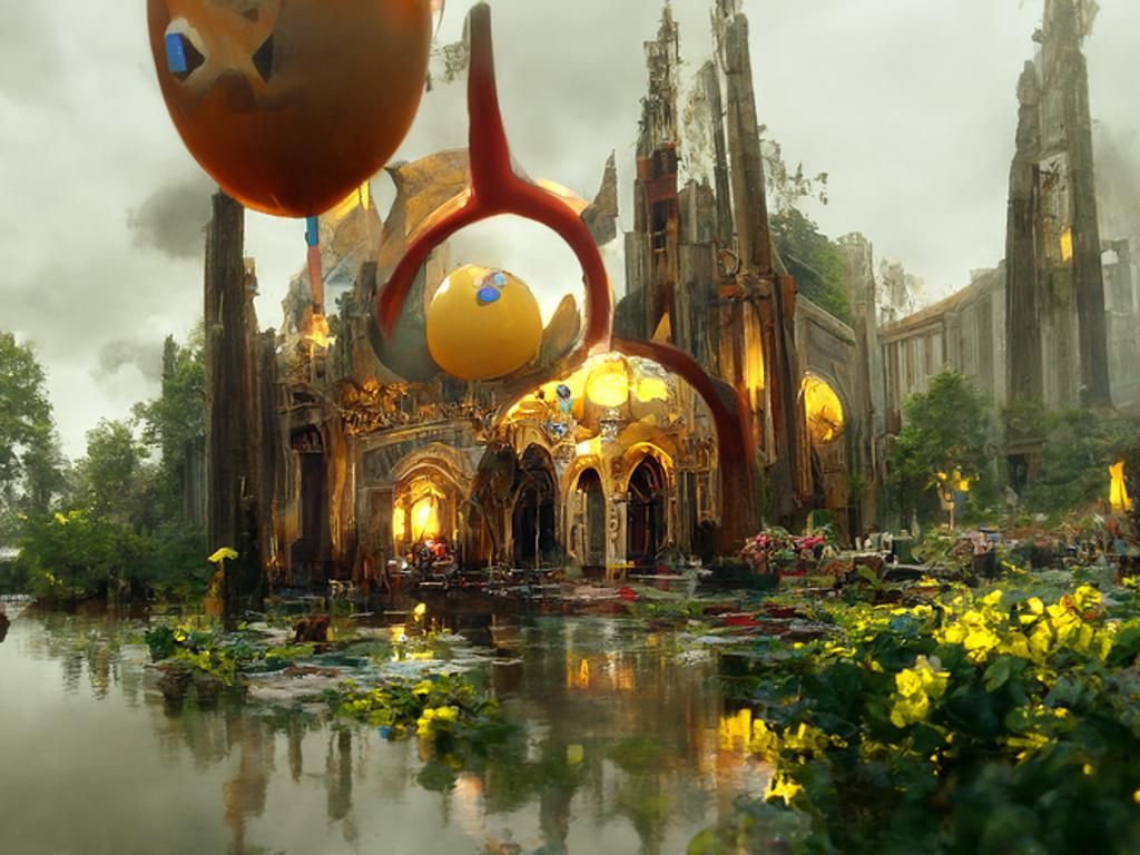 Pokémon Cathedral Painting with Dripping Amber Liquid