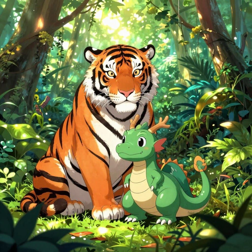 Tiger and Baby Dragon Snuggling in Lush Jungle
