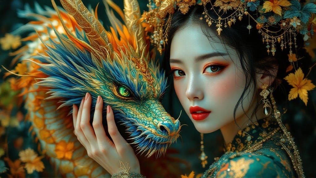 Japanese Woman with Dragon in Art Deco Style