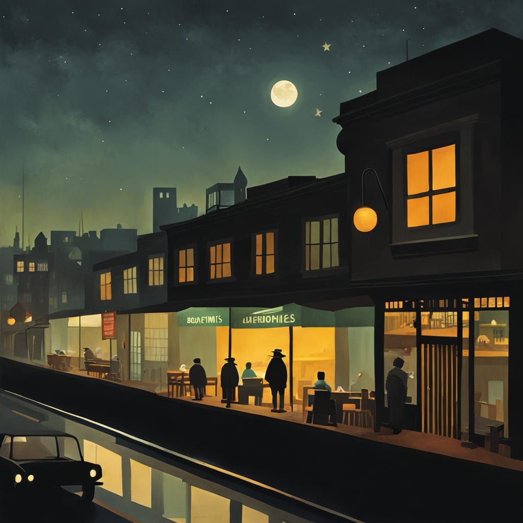 Whimsical Nighthawks Scene in Low-Key Lighting