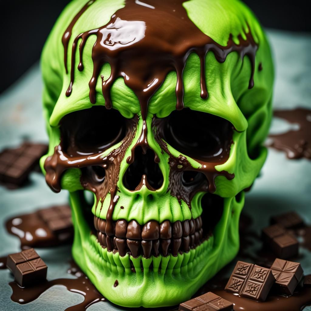 Fluorescent Green Skull with Chocolate Sauce Drips