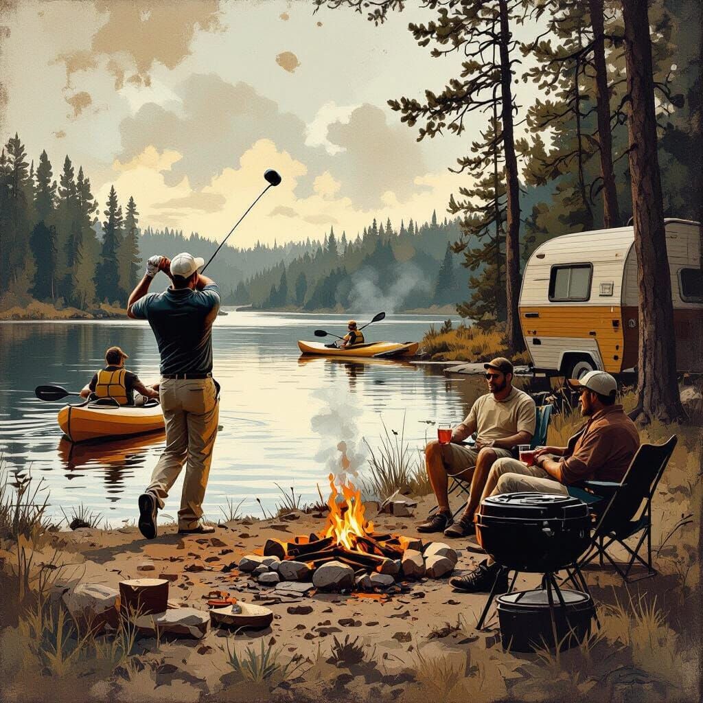 Man Golfing into Lake with Friends by Campfire in Wood Burne...