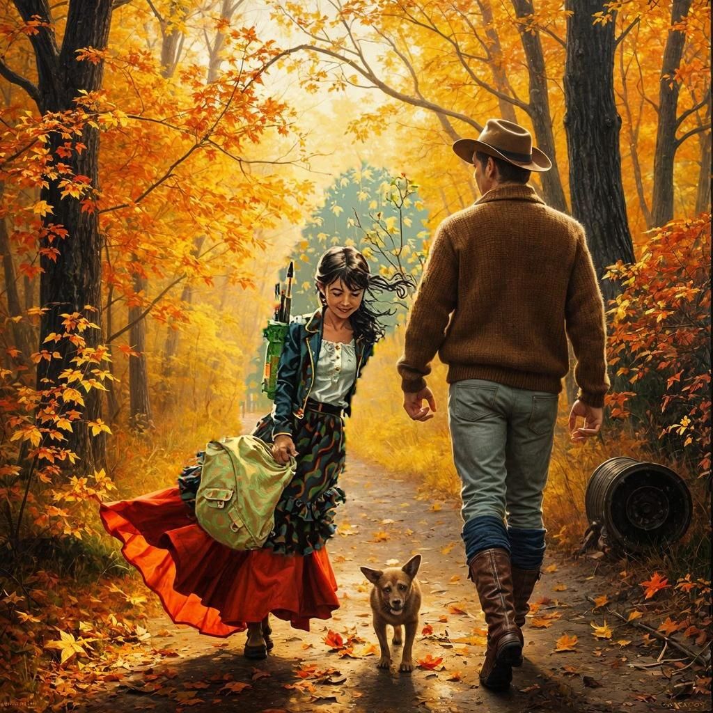 Lovers Stroll Through Autumn Woods, Oil Painting
