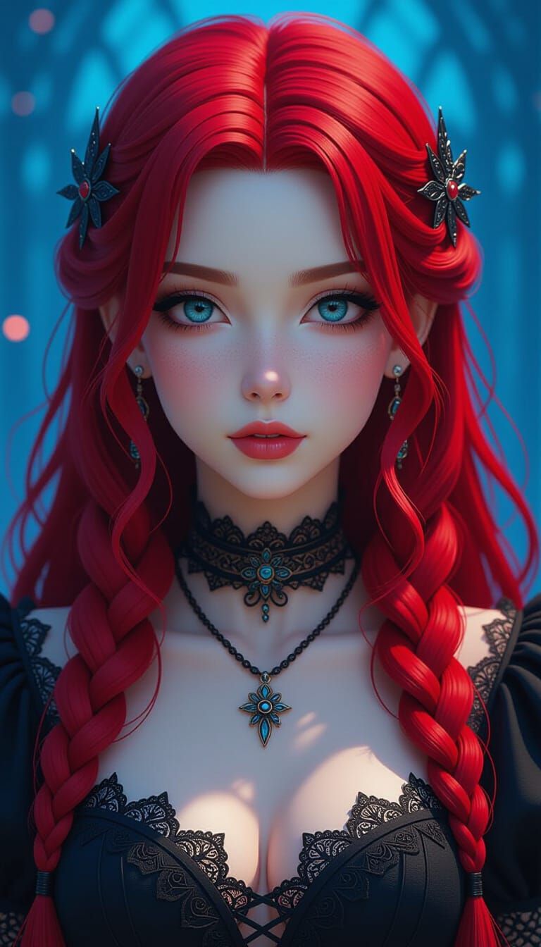 Gothic Teenager with Red Hair in Blue Light