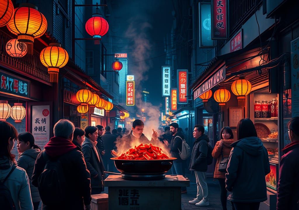 Nighttime Korean Food Alley in Cyberpunk Style