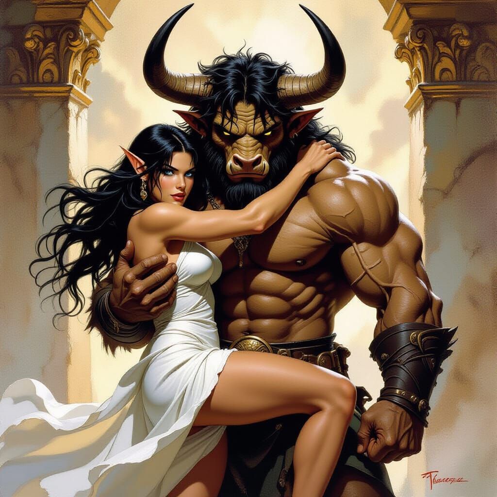 Minotaur and Elf in Mythological Scene