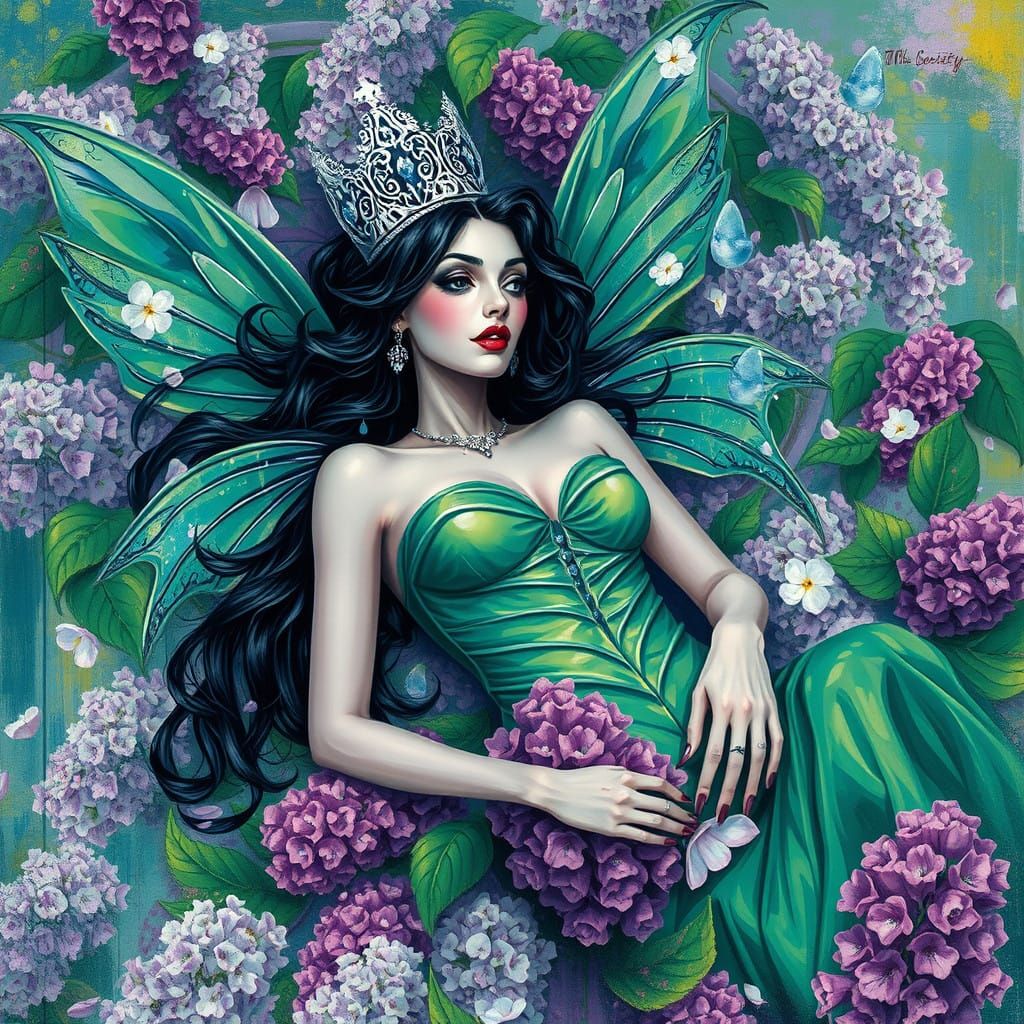 Fairy Vampire Queen Amidst Blooming Lilacs in Vibrant Graffi...