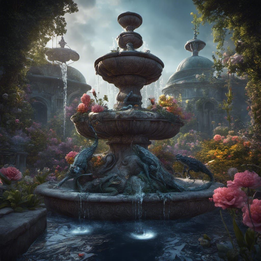 Fantastical Midnight Garden with Lizards and Ghosts