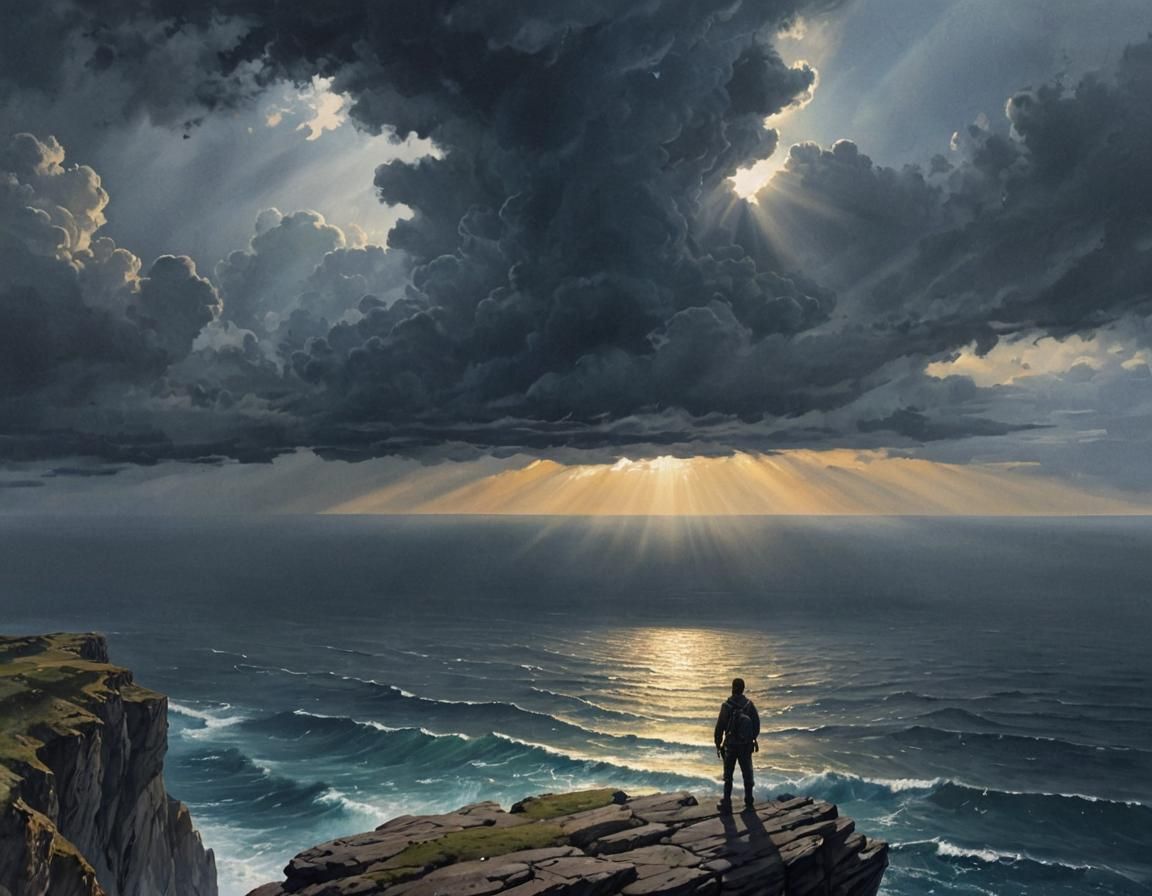 Adventurer Overlooking Roaring Ocean in Watercolour Style