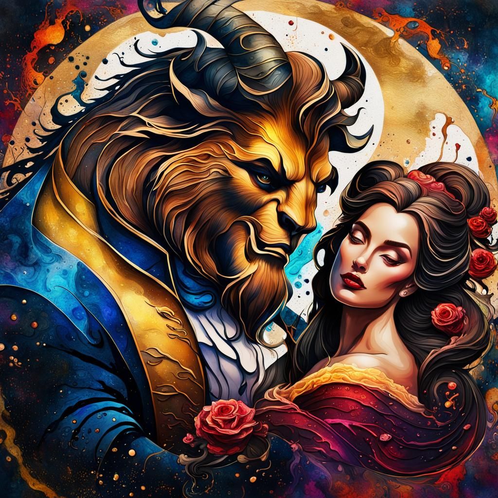 Beauty and Beast Yin Yang in Watercolor Style