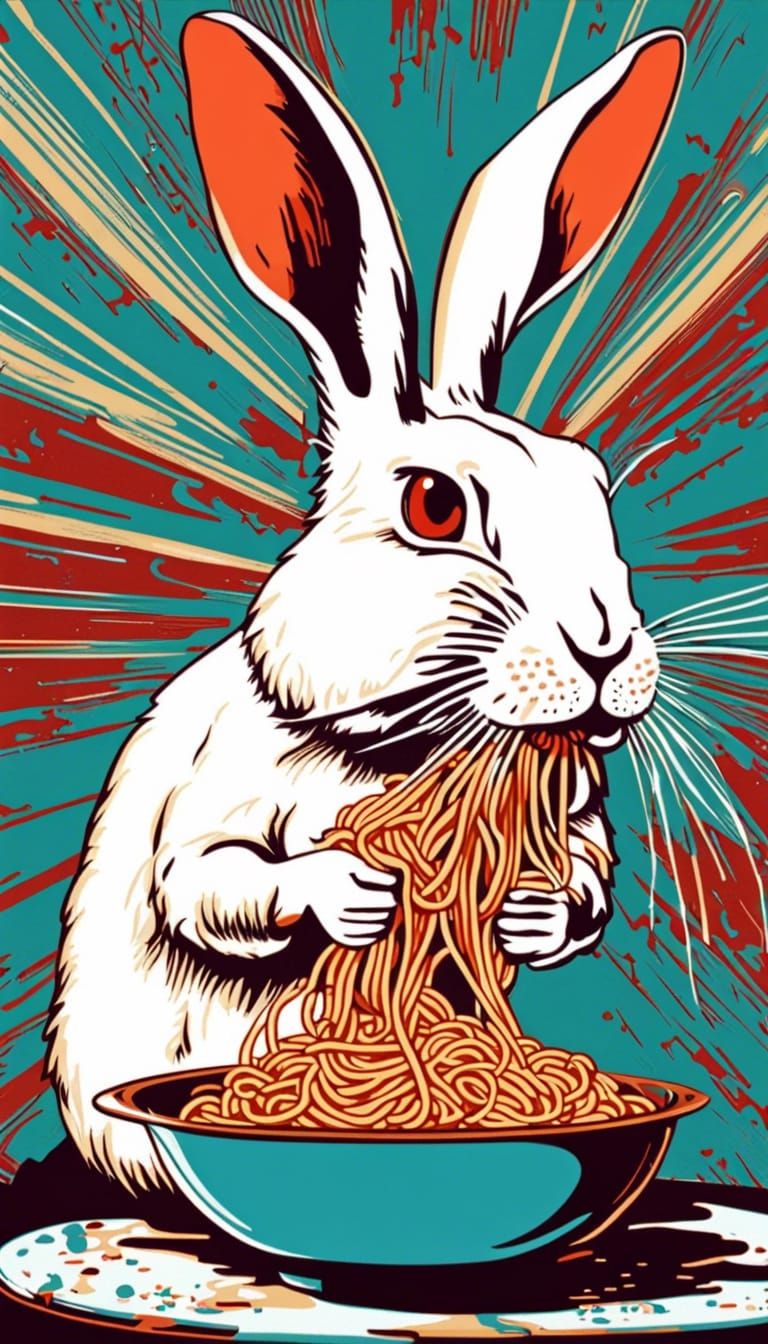 Rabbit Enjoys Spaghetti Bolognese in Pop Art Style